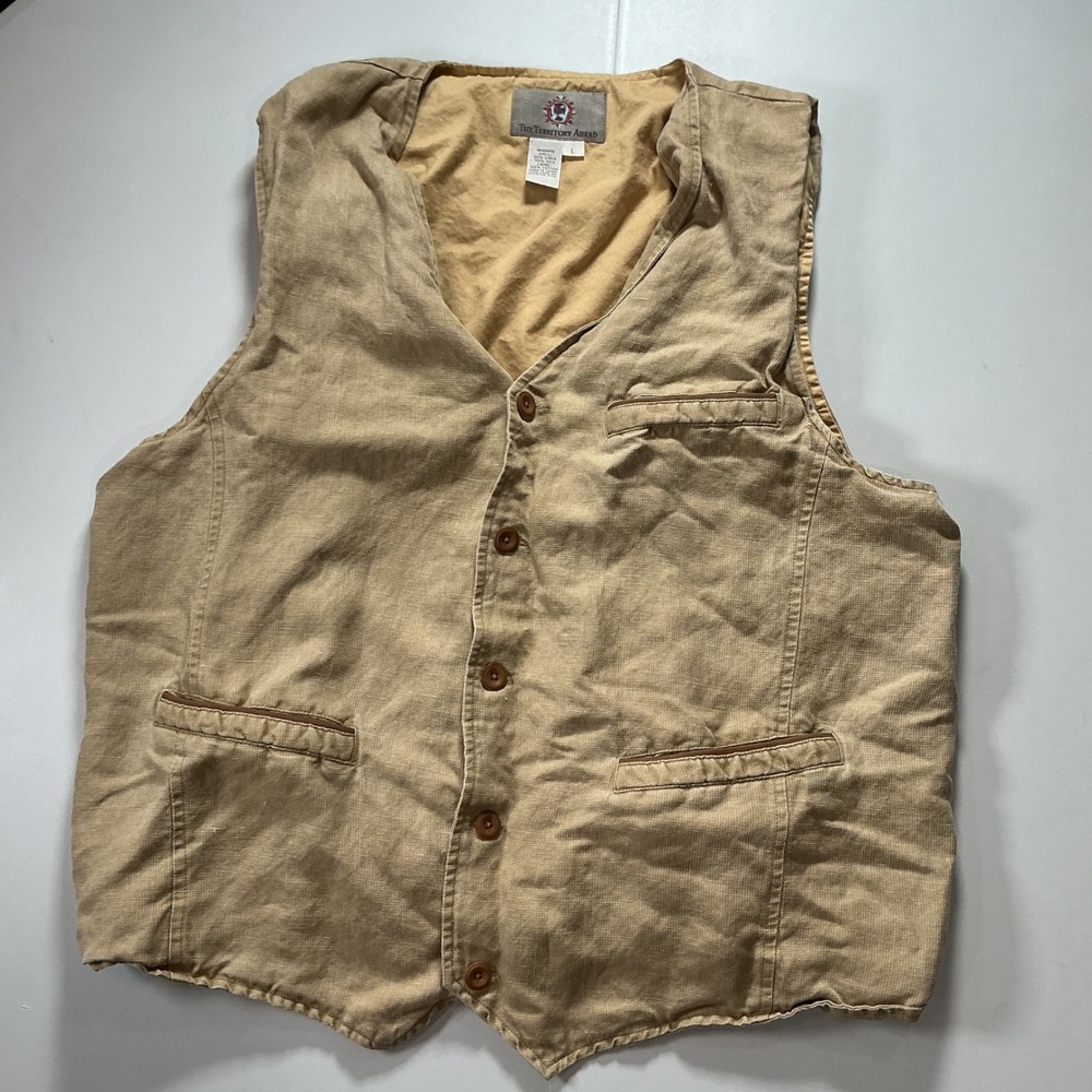 The Territory Ahead Vest Tan Linen Silk Blend Safari Utility Rugged Mens L